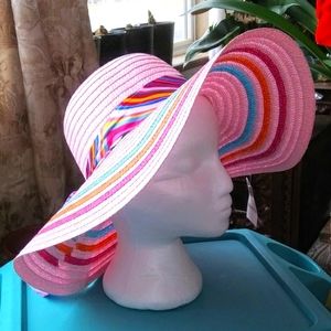 GROOVY GLAM Pink Wide Brim Straw Hat Summer Floppy Stripes
